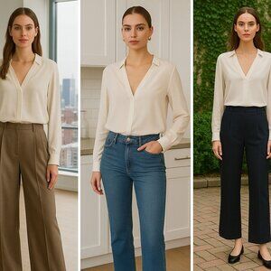 A.L.C. Women’s Ivory Silk Blouse 4 V-Neck Quiet Luxury Old Money Clean Girl